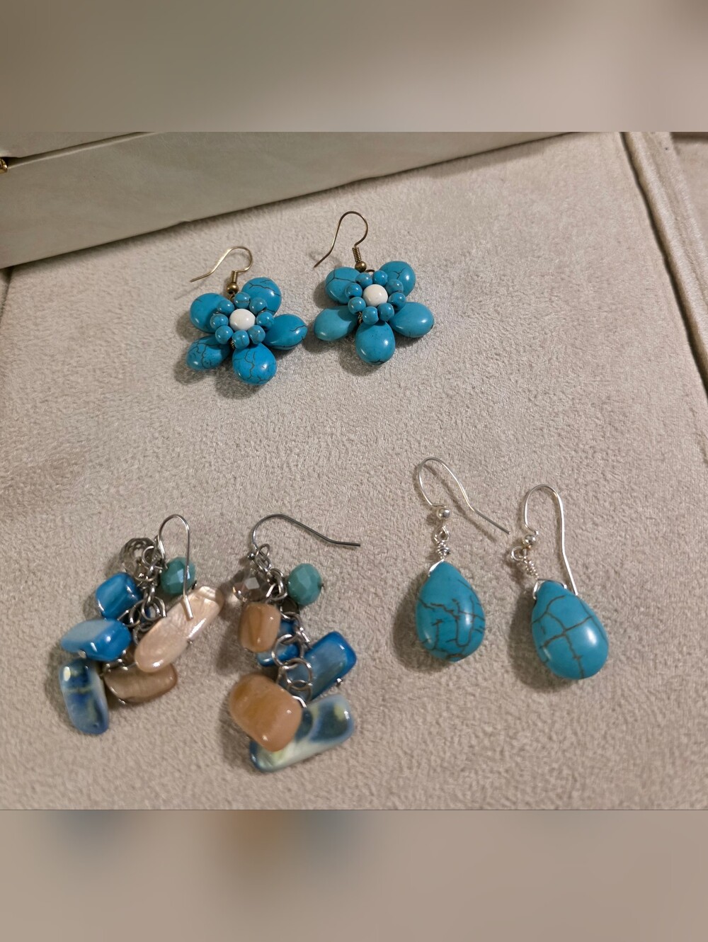 Boho Turquoise Earring Lot 3 Pairs Handmade Dangle Flower Teardrop Cluster